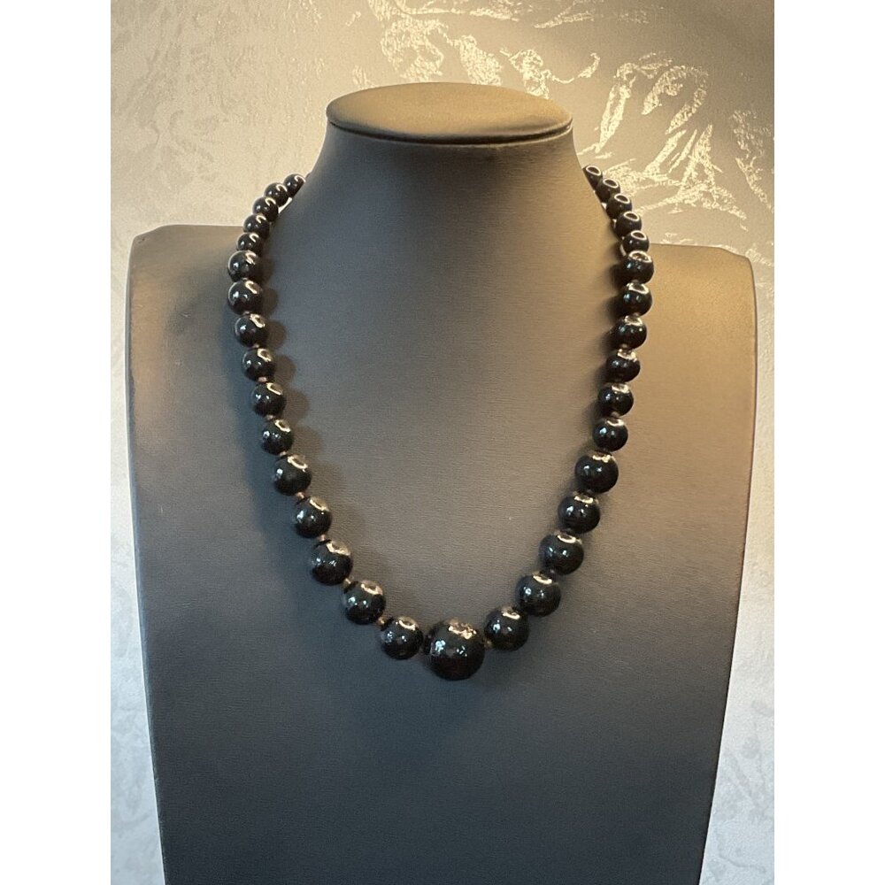 Vintage Black Beaded Necklace With Graduated Beads & Lobster Clasp